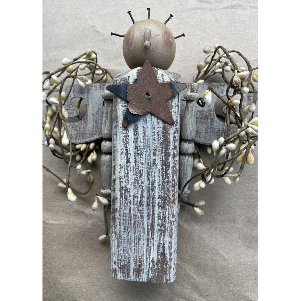 Rustic Folk Art Angel Wood and Metal Figurine Sculpture Primitive Country
